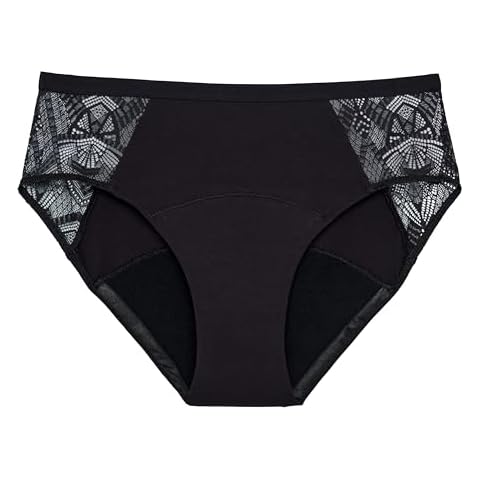 THINX Ultra-Soft Period Underwear, Brief-Style Leakproof Underwear for Women, Holds Up to 12 Regular Tampons, FSA HSA Approved Period Panties, Reusable, Comfortable, & Flexible, Black with Lace, M Cover