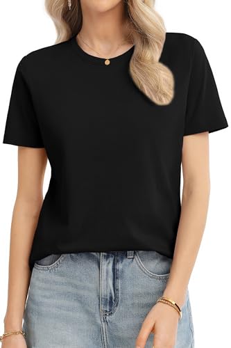 QUALFORT Women's 100% Cotton Crew Neck T-Shirt, Basic Solid Color Top