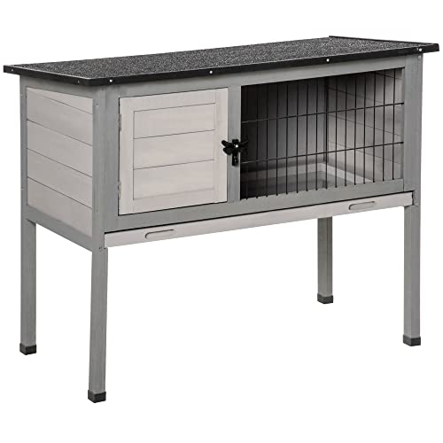 PawHut Elevated Rabbit Hutch Bunny Hutch with Hinged Asphalt Roof, Removable Tray, Fir Wood Bunny Cage for Indoor/Outdoor, Grey