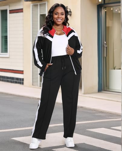 UOUA Women's Plus Size Jogging Suit 2 Piece Sweatsuit Long Sleeve Jacket & Pants Two Piece Track Set Outfit2
