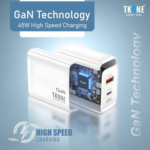 Image of TKONE 45W GaN Fast Charging Adapter with Type C PD & USB A, Dual Port | Super Fast GaN Charger for Samsung Galaxy S25 /S24 /S23 /S22, iPhone 17 /16 /15 /14 /13 /12, OnePlus, Nothing (White)