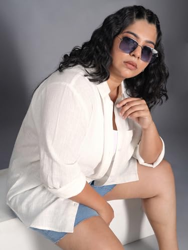 Image of High Star Women Classic Spread Collar Curved Cotton Oversized Casual Shirt