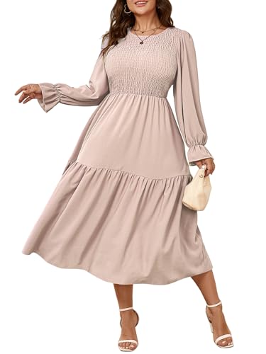 Image of SHESTARR Women's Plus Size Dress Long Sleeve Crewneck Smocked Tiered Flowy Boho Wedding Party Maxi Dresses