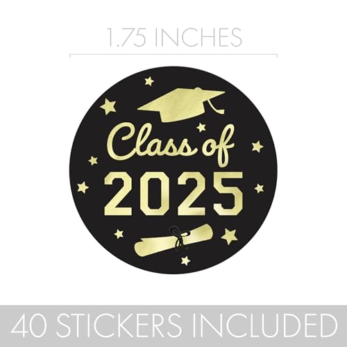 Black and Gold Graduation Party Favors Stickers, Class of 2025 Graduation Envelope Seals, Candy Stickers - 40 Count