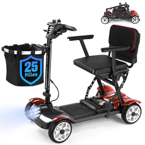 GOKEEP 4 Wheels Folding Mobility Scooter, 28 Miles Range, 384Wh Removable Li Battery, Max 300LBS, Ultra Lightweight Electric Scooter for Adults Seniors, Front & Rear Lights, Convenient for Travel, Red
