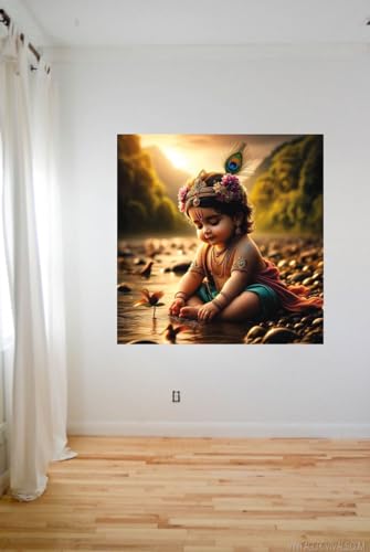 Image of Little Krishna Water Nadhi Wall Poster for Pooja Room, Office, Kids Room (Size- 46CM X 46CM)