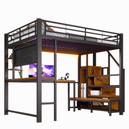 Cama alta de 140 x 200 cm con escritorio integrado y panel perforado negro 7