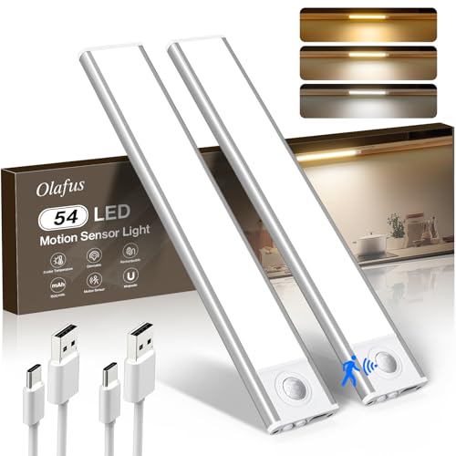 Olafus Under Cabinet Lighting, Motion Sensor 54 LED Under Cabinet Lights, 1500mAh USB Rechargeable Battery Operated Closet Lights, Dimmable& 3 Color Temperature, Stick On Magnetic for Kitchen