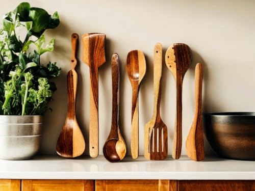 Image of Foxwood- Sheesham Wood Spatula Set | Spatula Set for Cooking Includes Frying, Serving, Spatula, Chapati Dessert, Rice Spoons | Kitchen Utensils. (Pack of 7)