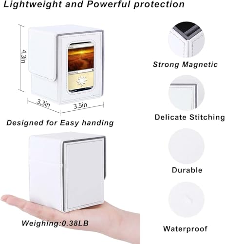 Image of AFIING MTG Deck Box for Commander Display,Card Deck Box Fits 100 Double Sleeved Cards, Magic Commander TCG Card Storage Box with 2 Dividers,Drawstring Bag and 1 Toploader(White /Grey)