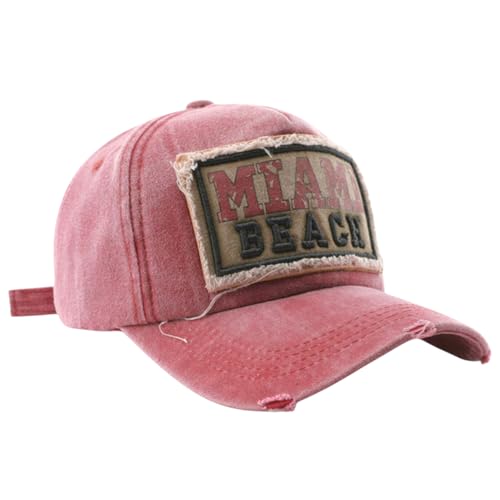 Vendioer Vintage Miami Beach Embroidered Trucker Hat Distressed Washed Ripped Adjustable Baseball Cap (US Alpha Medium Large Red)