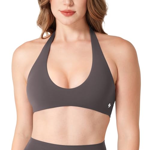 YEOREO Workout Halter U Neck Open Back Gym Sports Bra Deep V Low Impact Yoga Backless Bra for Women Carbon L