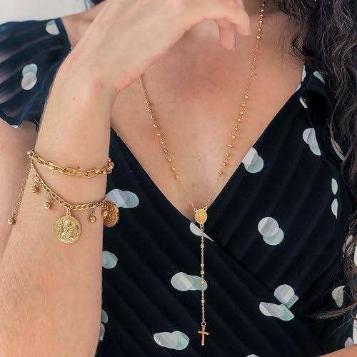 Colar Feminino Terço de São Bento - Banhado a Ouro + Bolsa de Veludo