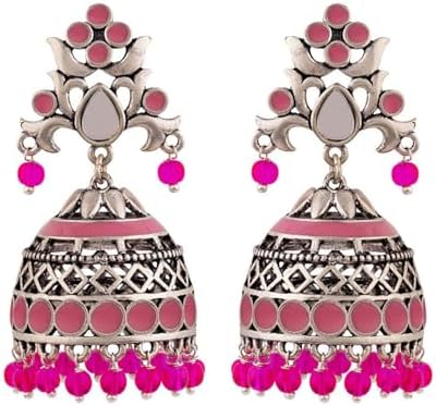 Voylla Brass Silver Oxidised Plating Rangabati Pink Embellishments Jhumka Earrings with Pearl Beads for Women and Girls