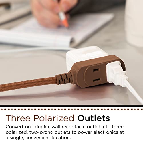 Cordinate Designer 3-Outlet Extension Cord, 2 Prong Power Strip, Extra Long 8 Ft Cable with Flat Plug, Braided Chevron Fabric Cord, Slide-To-Lock Safety Outlets, Solid Brown, 39982 by Cordinate - Image 2