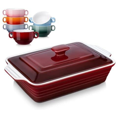 13 OZ Soup Bowls with Handles Set of 6 Bundle 4.5 Quart Nonstick Casserole Dish with Lid Cover
