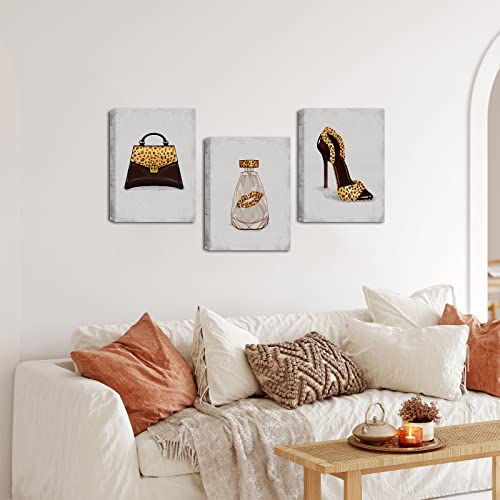 Fushvre 3 Pieces Fashion Canvas Wall Art High Heel Perfume Handbags Decor Set For Woman Glam Trendy Leopard Prints Artwork For Home Bedroom Cloth Shop Framed Ready To Hang #TOP4
