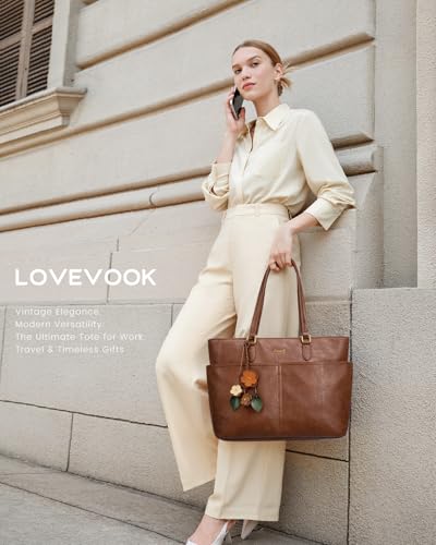 Image of LOVEVOOK Work Tote Bag for Women with Floral Charm, Vintage Leather 15.6 Inch Laptop Bag with Large Cup Holder, Teacher Nurse Medical Professional Computer Bag, Office Briefcase Handbag Gift