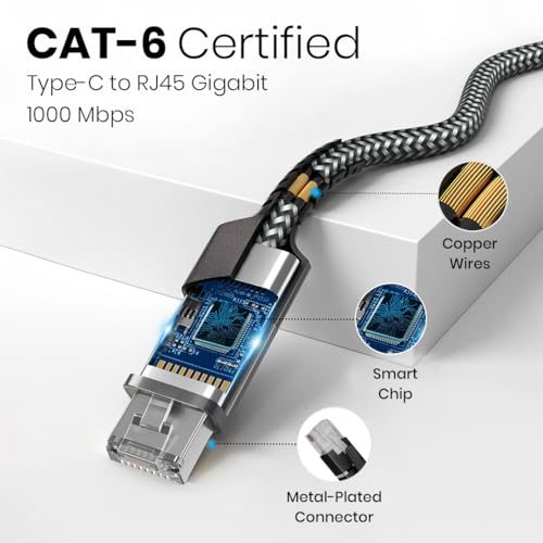 Image of Lapcare Type-C to RJ45 Gigabit Ethernet Adapter Cable | USB-C to LAN 1000 Mbps High-Speed Network Cable | 2M Braided Nylon, Aluminium Housing | Compatible with Laptop, MacBook, Router
