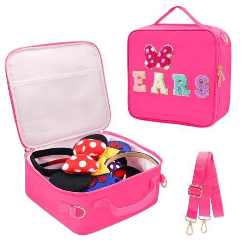 Estojo de viagem com orelhas de rato com letras de chenille, suporte de faixa de cabeça de parque, bolsa organizadora de acessórios de cabelo, bolsa organizadora para meninas, mulheres, crianças e