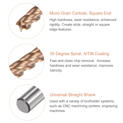 Image of HARFINGTON Micro Grain Carbide Square End Mill 5 /32 inch x 13 /16 inch (4mm x 21mm) Cut 5 /32 inch (4mm) Shank 4 inch (100mm) Length AlTiN Coated 4 Flutes Square Nose Cutter for Alloy Steel Hardened Steel
