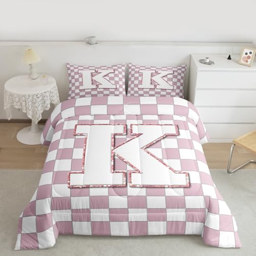 Image of Erosebridal Pink Initial K Kids Comforter Sets Kawaii Plaid Checkered Queen Bedding Set for Girls Teen Women Cute Personalized Monogram Comforter Set,Fashion Grids Gingham Quilt Duvet 3 Pcs