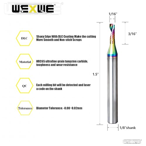 Image of Tools Solid Carbide CNC Spiral Single Flute End Mill - for Acrylic Plate Aluminum, Wood, Plastic, Brass, Copper Cutting - 1 /16 Diameter 1 /8 inch Shank 1.5 inch Length,1 Flute (1 /16-1.5 inch 5PCS)