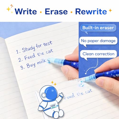 Image of 12 Pcs Cute Space Theme Erasable Gel Pens Set | 0.5mm Fine Tip Blue Ink | Write Erase Rewrite Pens for Kids Students | Smooth Writing School Stationery Gift