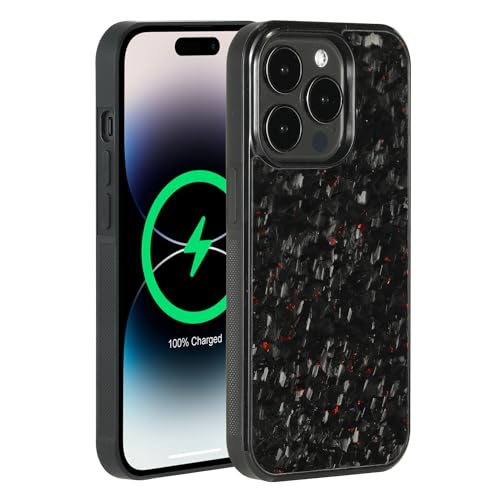 molzar Grip Series for iPhone 14 Pro Case with Real Forged Carbon Fiber, Grippy Edges Design, Built-in Magnets, Compatible with MagSafe Chargers and Accessories, Glossy Black/Red