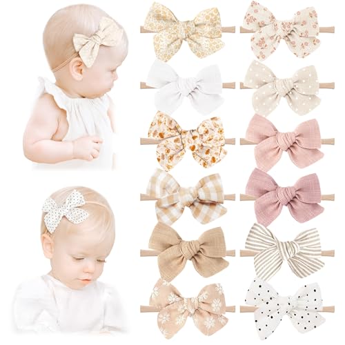 Image of Niceye Handmade Hair Accessories: 12 Packs of Stretchy Nylon Headbands and Bows for Newborns, Infants, Toddler Girls