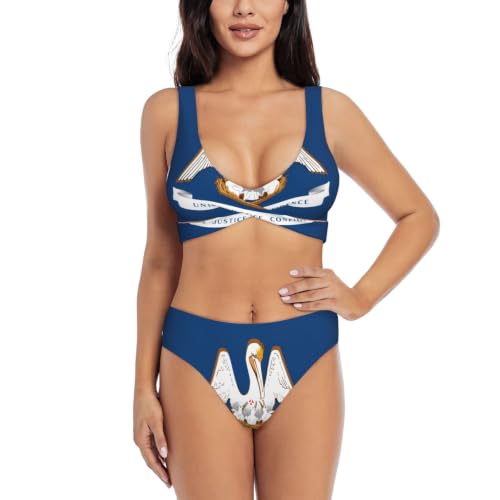 Fgwaauh Conjunto de bikini con estampado de bandera del estado de Slouisiana para mujer, trajes de baño con cuello en V, trajes de baño de playa 2026, Negro, S