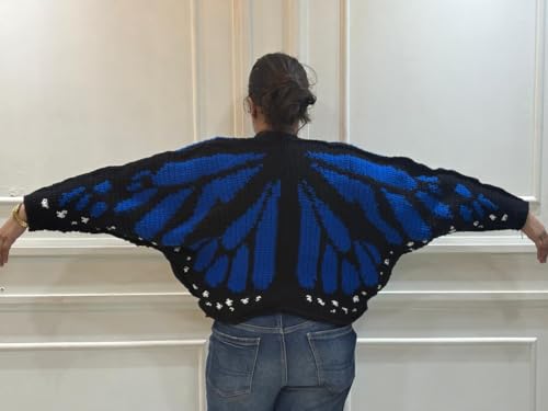 Image of Monarch Butterfly Wing Cardigan, Blue and Black Crochet Knit, Batwing Sleeve, Button-Front Shrug Jacket for Women