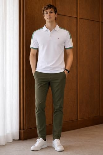 Image of Louis Philippe Men's Slim Fit Premium High-End Pique in Superior Cotton Cut & Sew Design Color Block Shoulder Half Sleeve Polo Tshirt