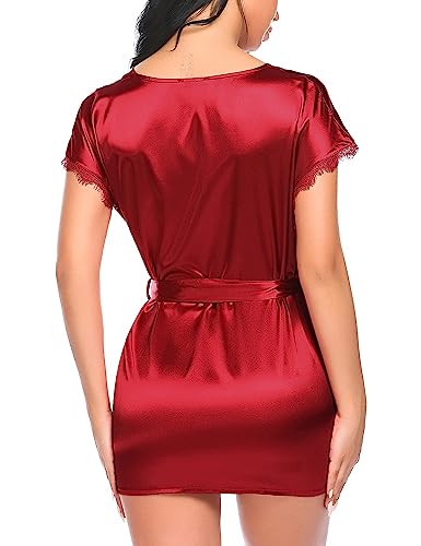 Avidlove Women's Short Silk Kimono Robes Satin Solid Bathrobe Bridesmaid With Lace Trim Wine Red #TOP4