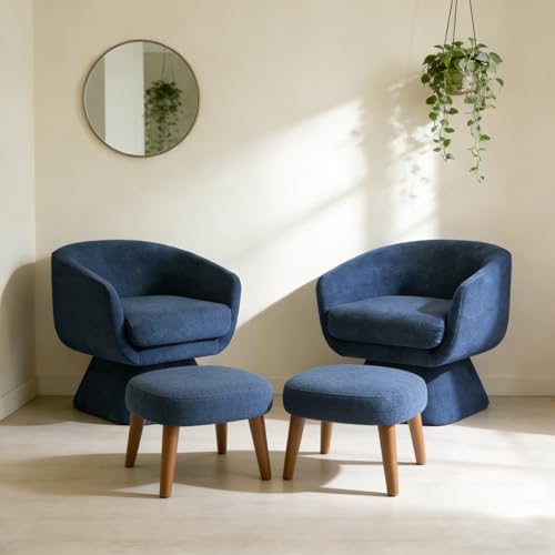 YOPENG Swivel Accent Chairs Set of 2, 360° Bucket Barrel Chair, Modern Upholstered Boucle Armchair with Ottoman, Small Comfy Round Single Sofa Chair for Living Room Bedroom Club, Blue