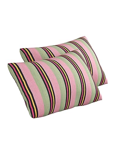 Image of Varde 180 TC Pillow Cover Set of 2 | Pillow Cover Cotton 100% | Pillow Cover Set of 2 King Size | Wrinkle Free & Fade Resistance | Striped Pattern | Standard Size | All Season Use (Pink & Olive)