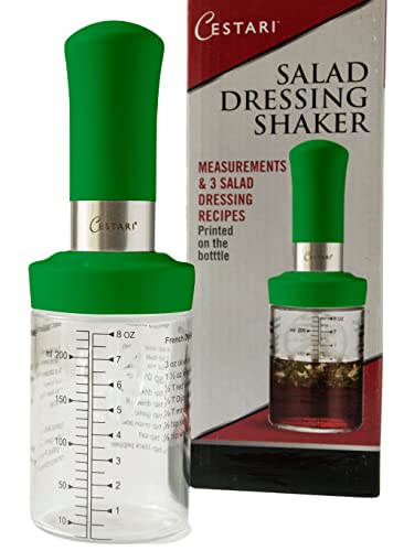 Cestari KItchen Glass Salad Dressing Shaker Bottle with Mixer Insert, 10 oz, Green – Leak-Proof Dispenser with Measurements and Recipes