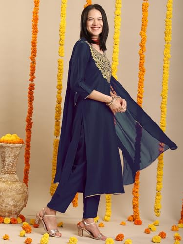 Image of GoSriKi Women's Rayon Viscose Embroidered Straight Kurta with Pant & Dupatta