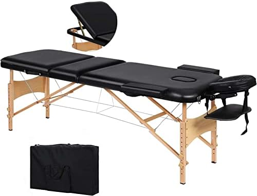 Careboda Professional Massage Table Portable Massage Bed, 3 Sections Wooden Foldable Spa Salon Bed, Comes with Carrying Case & Full Accessories