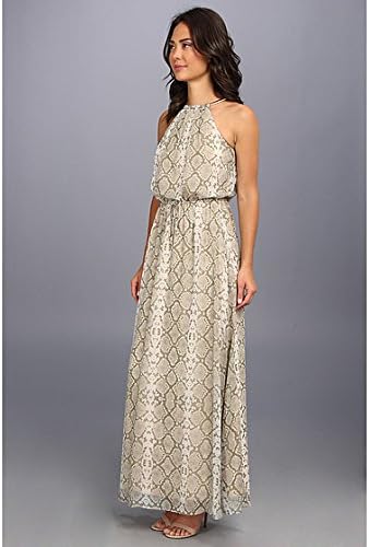 Vince Camuto Women's Blouson Printed Chiffon Maxi w/ Snake Chain Halter Detail Rattle/Natural 6
