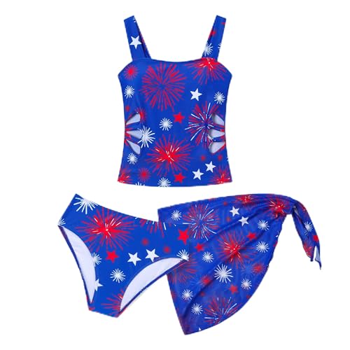 Image of Size 7-16 Years Girls Slim Fit Swimsuit 2 Piece Halterneck Tankini Swimsuit Drawstring Printed Swim Shorts