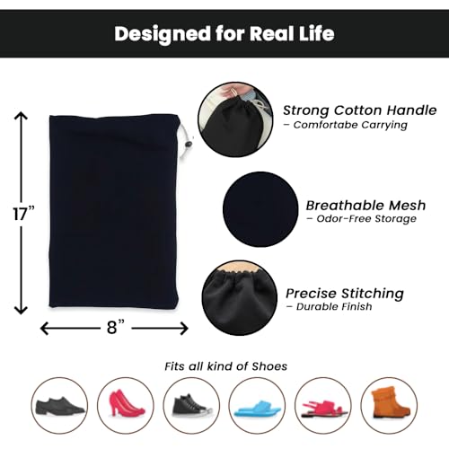 Image of LFH Cotton Rich Shoe Storage Bags with Drawstring, Dustproof Breathable Reusable Organizer, Perfect For Travel, Dorm, Hotel, College, Gym, Machine Washable 8 inchx17 inch (Pack of 2) - Black sand