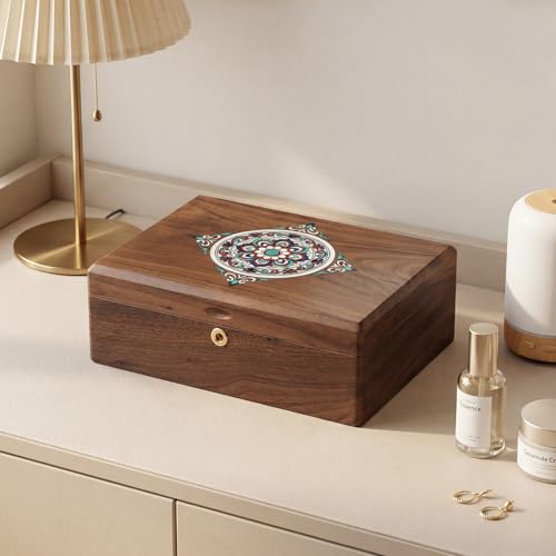 KINTNESS Black Walnut Wooden Jewelry Box with Lock - Large