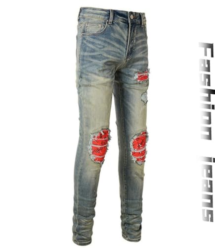 Jeans Pants Trouser Denim Trendy Street Patch Ripped Distressed Hole Light Blue Stretch Slim Fit Personalized Casual Tight Small Straight Leg for Men(Light Blue,32)2