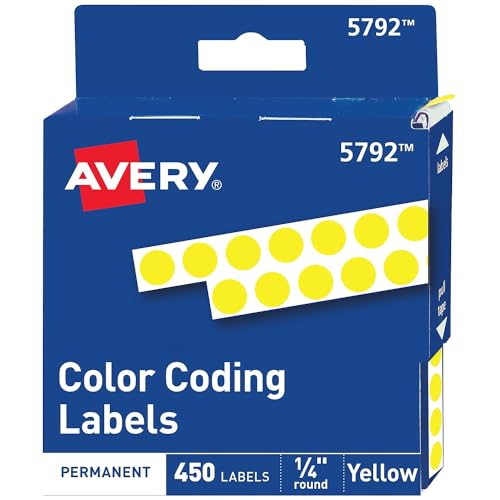 Avery 05792 Permanent Adhesive Color Code Labels, 1/4-Inch Round, Yellow, 450/Pack