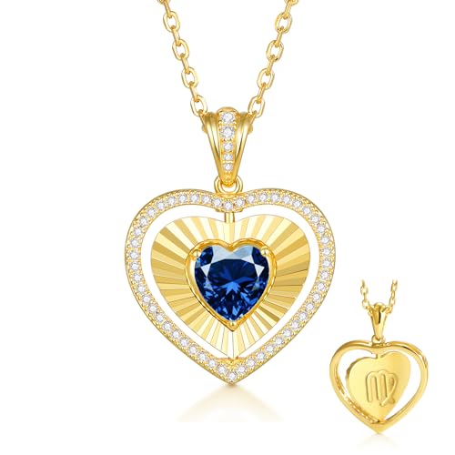 Kstyle 14K Gold Reversible Heart Birthstone Necklace with Zodiac Engraved Back for Women, Wife Daughter Mom Grandma Birthday Gift, Double-Sided Pendant Jewelry (925 Sterling Silver Base) Non Tarnish