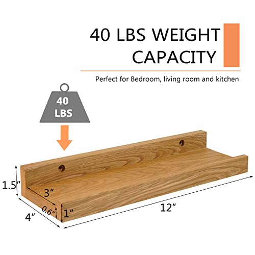 12 Inch Floating Shelves Wall Mounted Set Of 2, Rustic Wall Shelves For Decor And Storage, Natural Solid Oak Wood Shelf, Picture Ledge For Bedroom/Bathroom/Living Room/Kitchen, Natural Color, 12*4*1.5 #TOP5