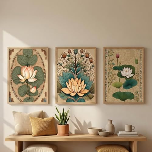 Image of Livin'luxe Set of 3 Lotus Floral Wall Paintings for Living Room Bedroom Home Decor with Premium Wooden Color Synthetic Frame, Traditional Botanical Art (13.5 x 19.5 Inch) NM03-57