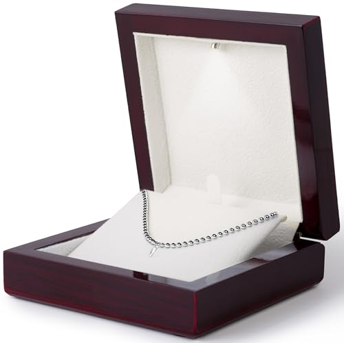 Necklace Box with LED Light – Small Jewelry Display Case for Bracelet, Earrings, or Chains – Luxury Lighted Wooden Presentation Box for Gifts, DIY Crafts (Mahogany Cream Interior, 4 X 4 Inch)