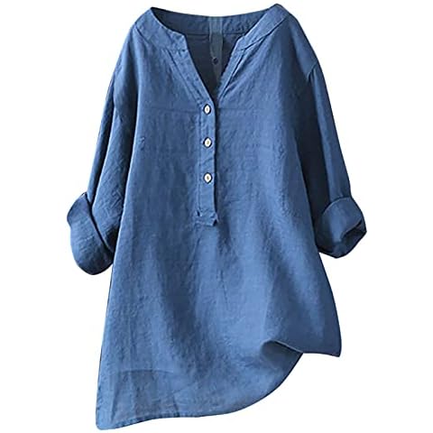 Wirziis Summer Women Cotton Linen Tshirt Tops Casual 3/4 Roll Sleeve V Neck Tunic Tees Trendy Solid Flowy Button Blouses Blue Cover